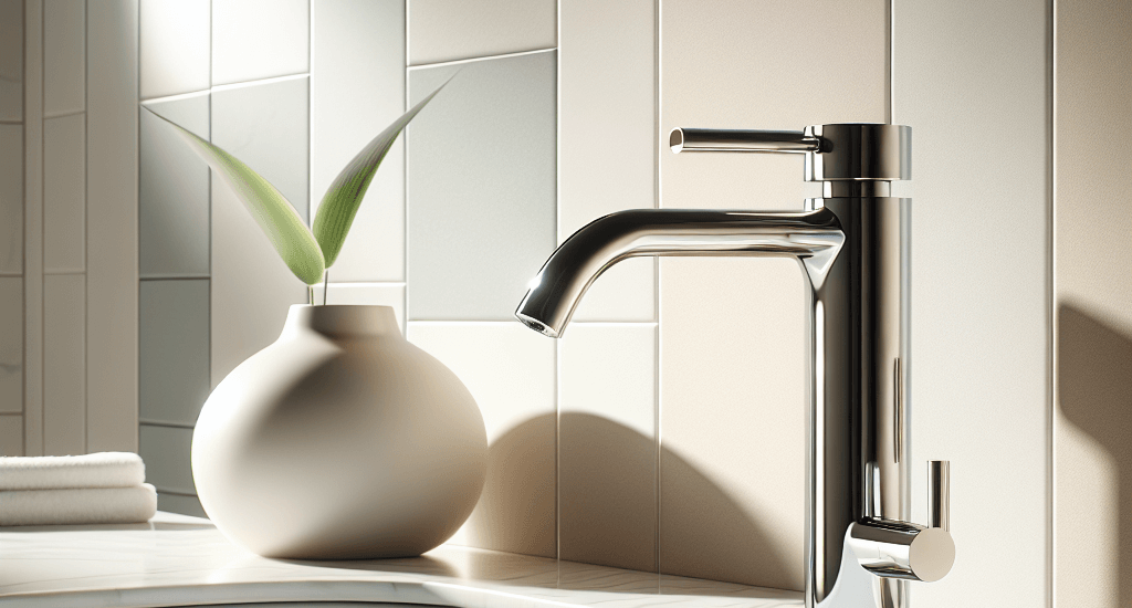 Modern chrome bathroom faucets with a square backsplash, positioned off-center, stand beside a ceramic pot overflowing with lush green plants