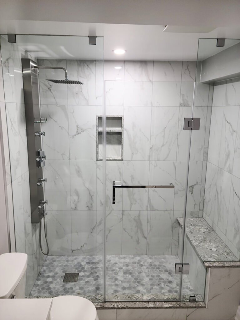 Custom frameless shower door in modern bathroom
