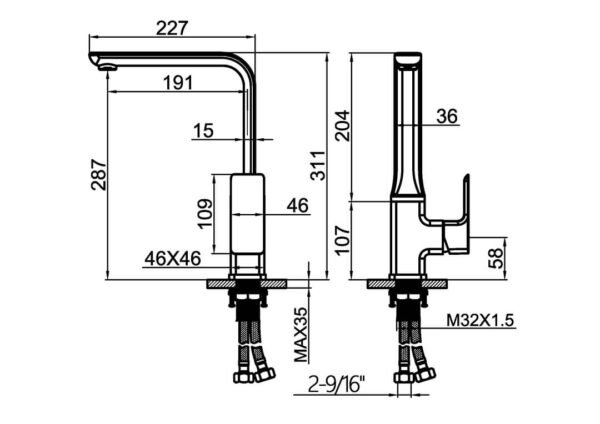 A single-level kitchen faucet with a high arc design specification