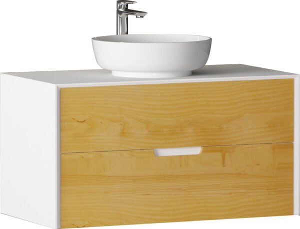 ceramic basin above bathroom vanity counter