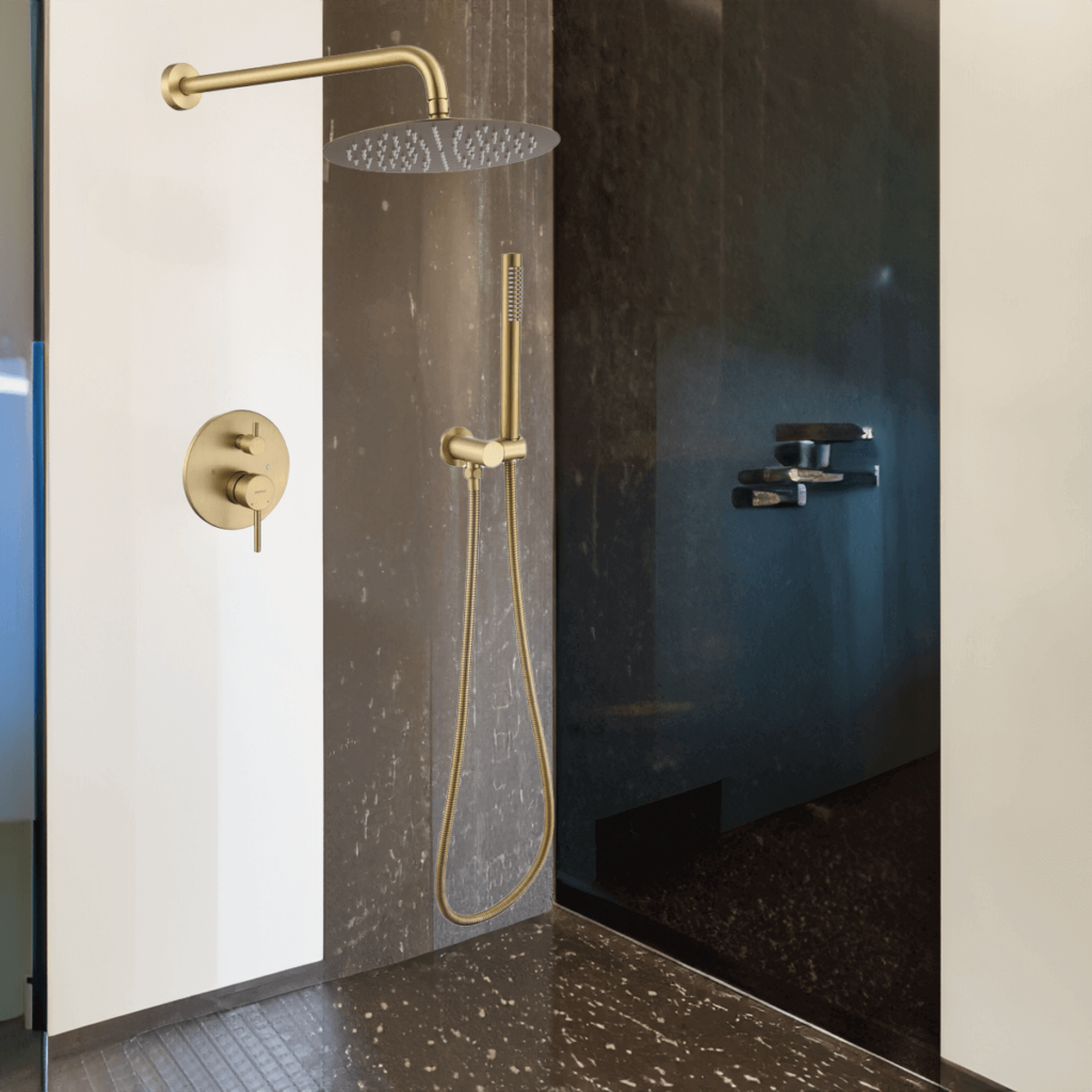 Modern walk-in shower featuring a three-way hot-cold water mixer for easy temperature control